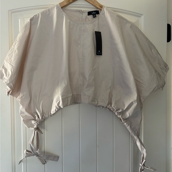 NWT Lulus Coolest Cutie Beige Short Sleeve Drawstring Crop Top - Picture 8 of 10